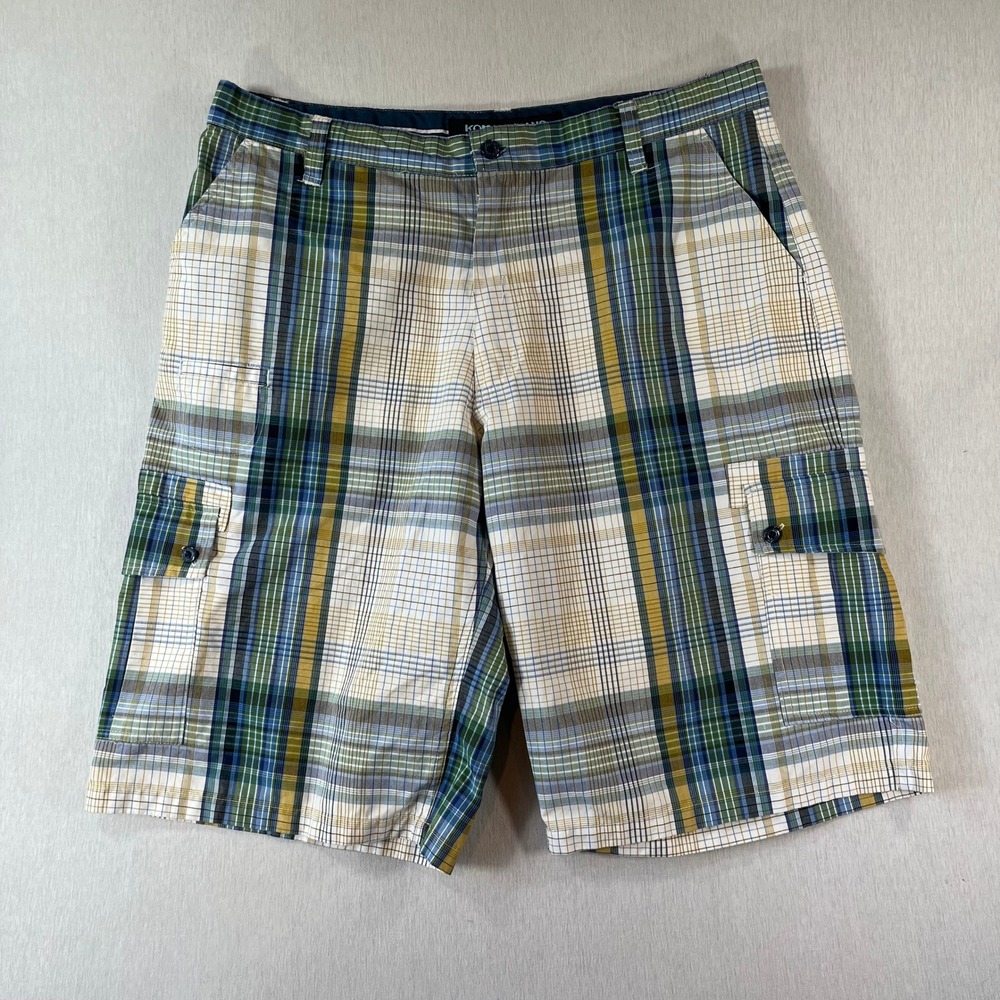 Vintage Koman Jeans Shorts Mens 38-40 Plaid Cargo Green Blue Yellow Multi Pocket